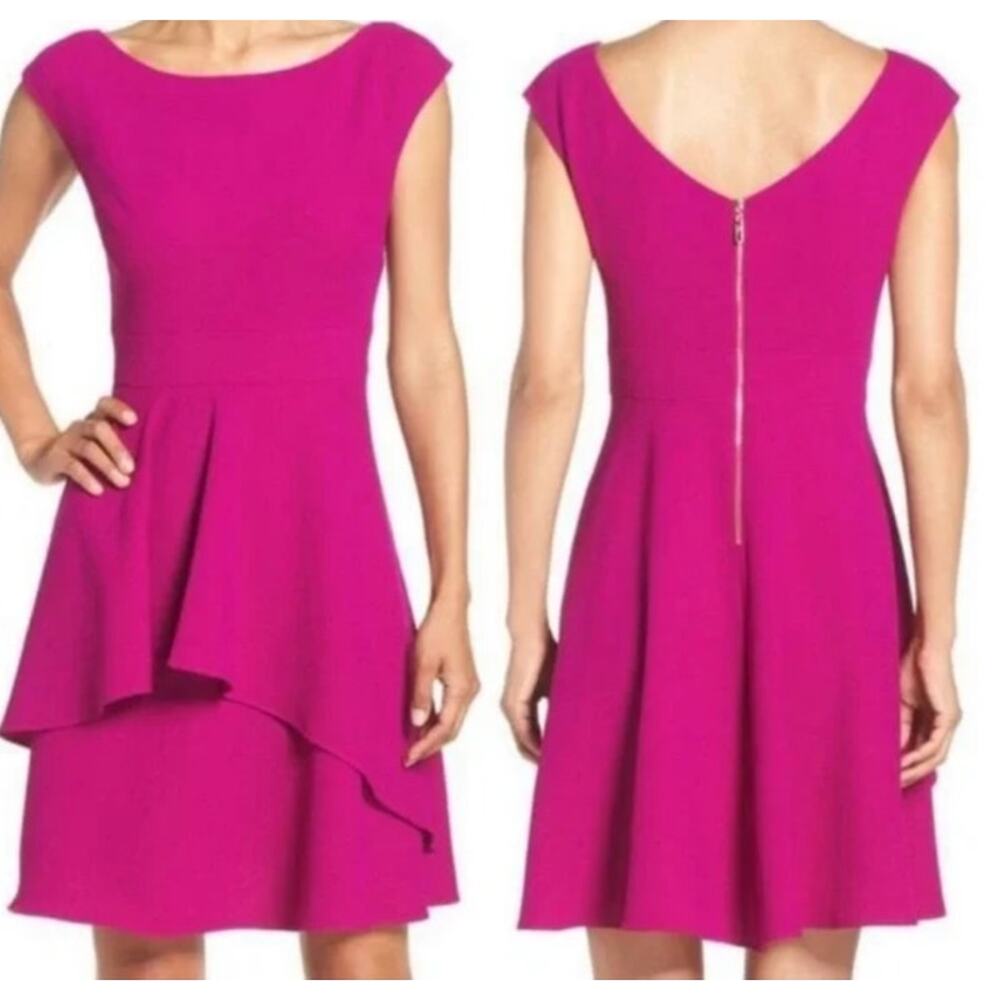 Eliza J Ruffled Fit & Flare Cocktail Dress Mini Cap Sleeve Magenta Pink 10P